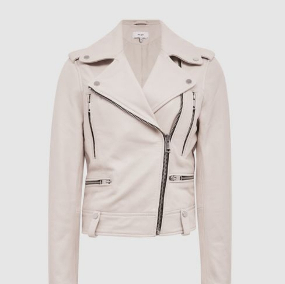 Reiss Santiago Leather Biker Jacket, Size US 6, off-white, NWT - Picture 9 of 13